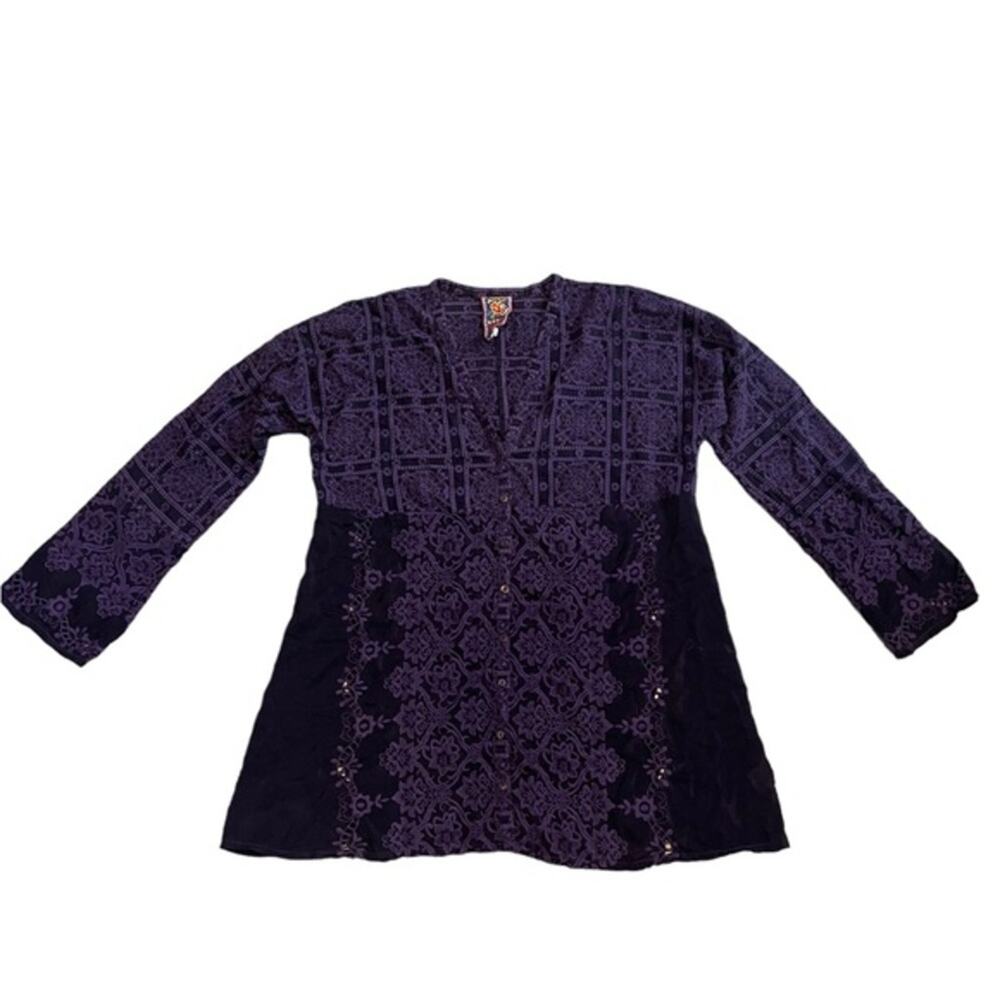 Johnny Was Lace Trim Tunic embroider purple Top Boho Sz M